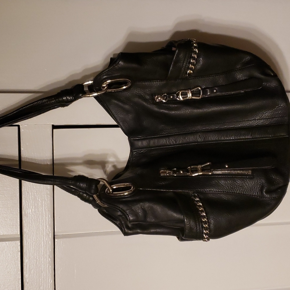 Black Leather Tote Shoulder Bag - Silver Hardware